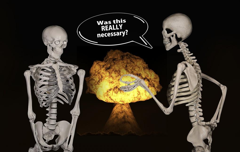Skelette unterhalten sich über Atombombenexplosion